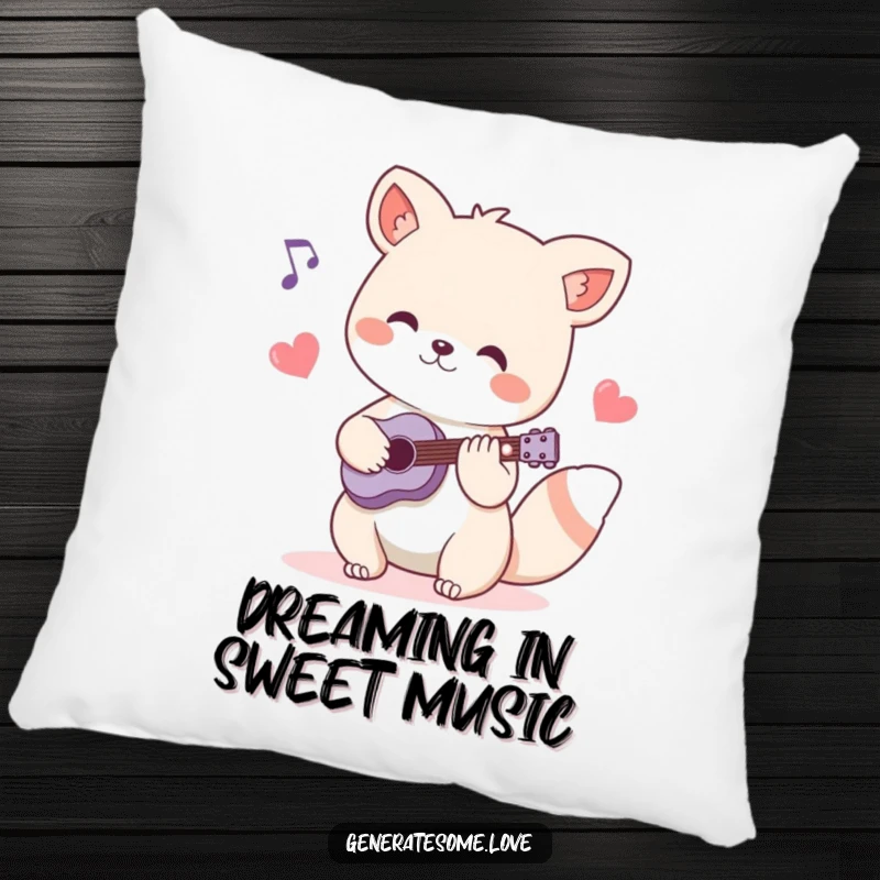 Funny pillow showcasing a charming animal musician character playing music, with heart-shaped notes floating around, blending comfort and musical charm.