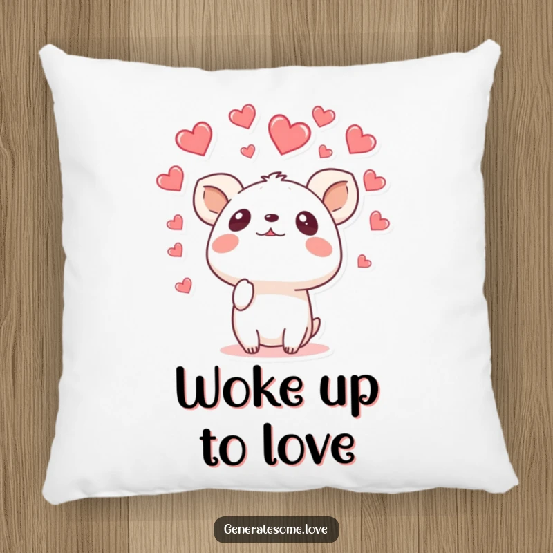 Funny pillow featuring a surprised animal character looking up into a gentle rain of hearts, offering soft comfort and a touch of humorous surprise.