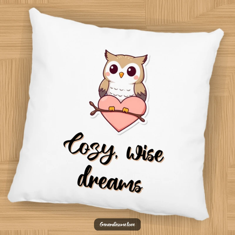 Funny pillow featuring a small, happy owl sitting contentedly on a heart shape, perfect for cozy decor.