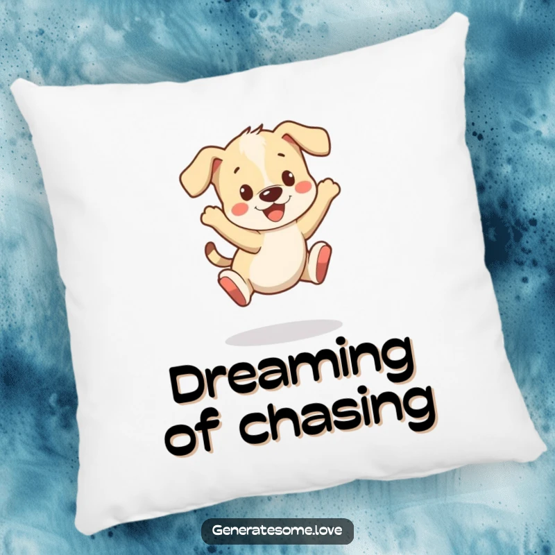 Funny pillow featuring a playful puppy character bouncing happily, its tail wagging with infectious enthusiasm.