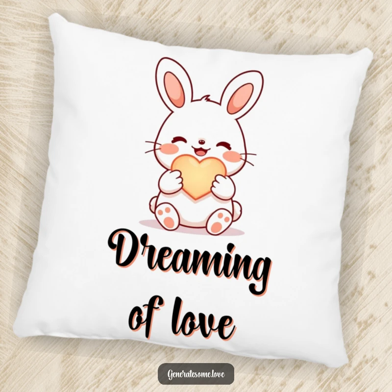 Funny joyful bunny pillow, holding a glowing heart symbol, soft and comforting decorative cushion.