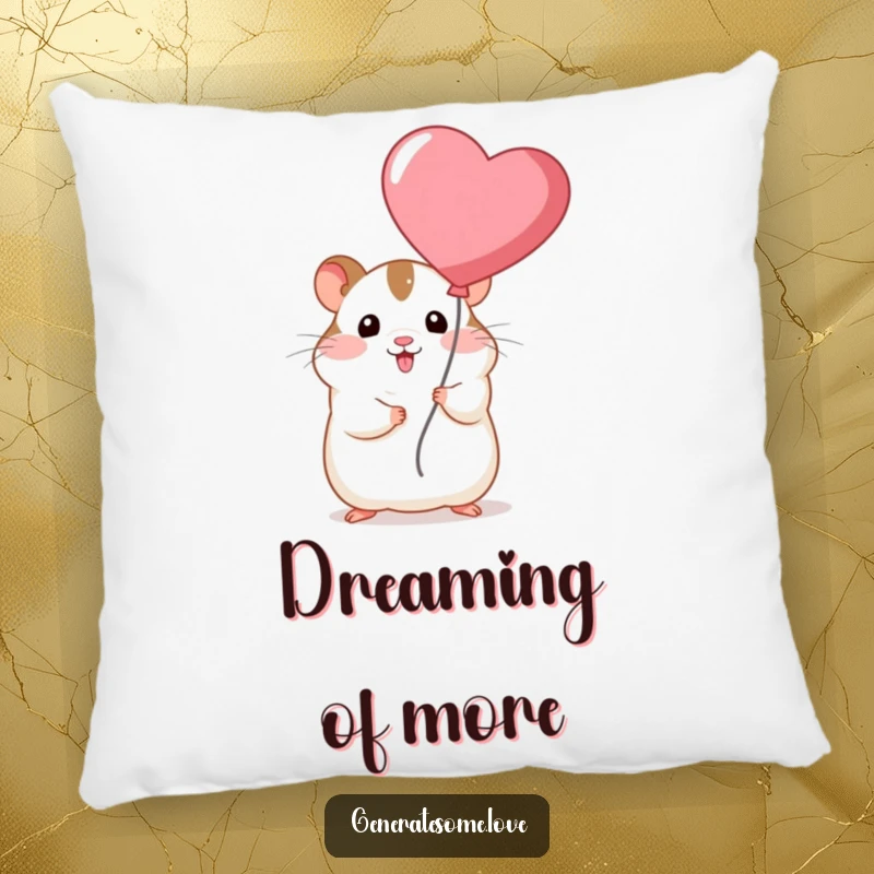 Funny chubby hamster character holding a cute red heart balloon, offering comfort and humor on a soft pillow.