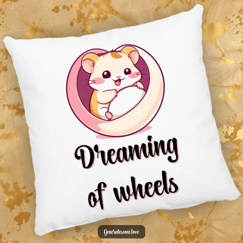 Funny pillow with a kawaii hamster comically rolling inside a heart-shaped ball, offering comfort and a dose of playful, cute humor.