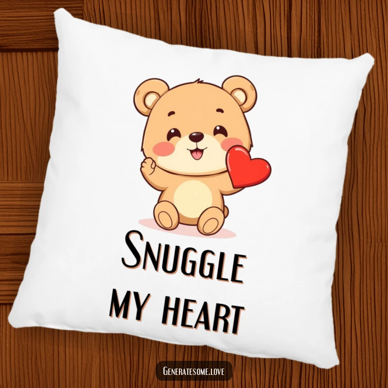 Funny pillow featuring a cheerful bear cub excitedly offering a bright red heart, adding a sweet touch.