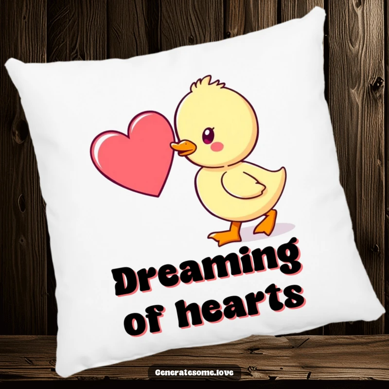 Funny pillow with a kawaii duckling waddling towards a heart, offering comfort and a symbol of cute, affectionate pursuit.