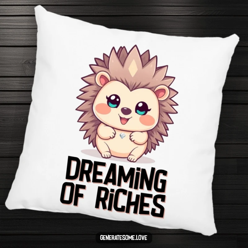 Funny happy hedgehog character offering a small, sparkling gem on a soft and comforting pillow.