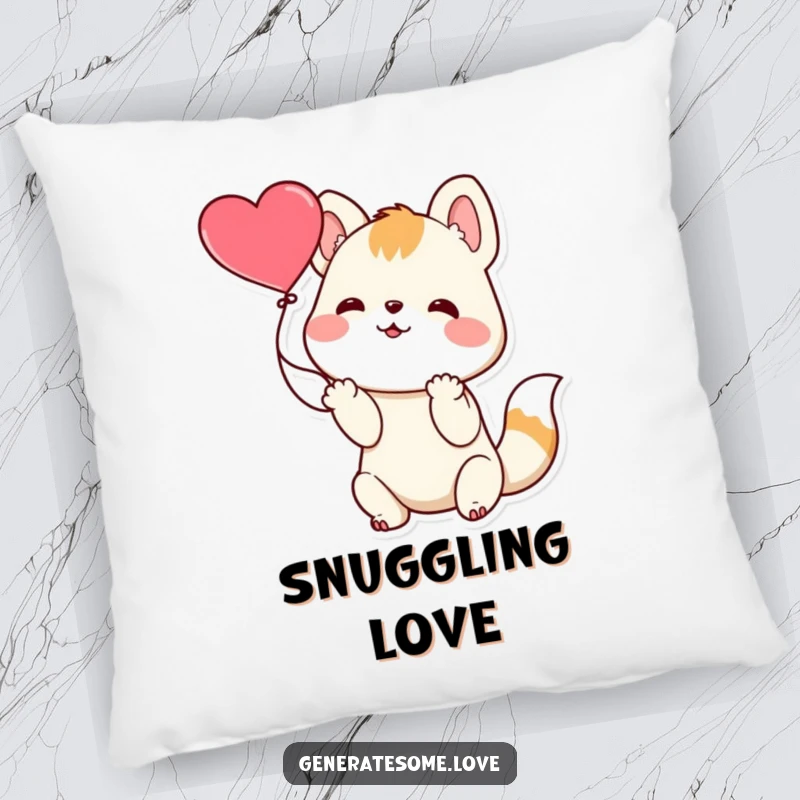 Funny playful animal character catching a floating heart on a soft pillow, offering cozy comfort and playful charm.