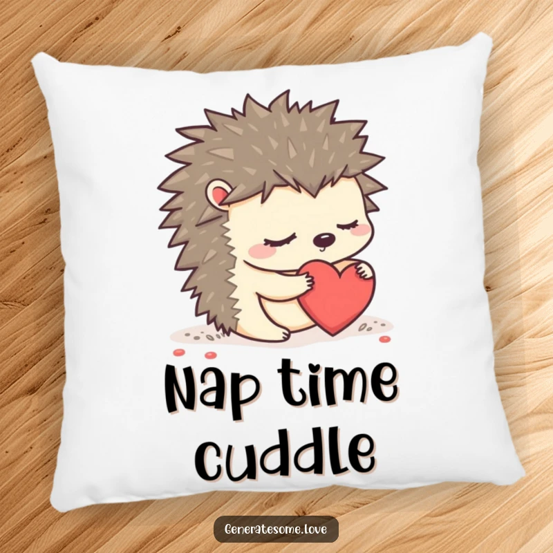 Funny sleepy hedgehog character nestled on a pillow, rolling a heart, offering comfort and cuteness.