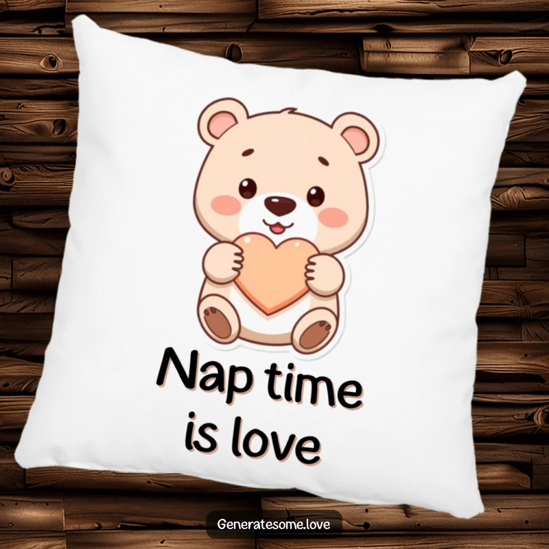 Funny cute bear pillow smiling and holding a heart, perfect for cuddling and adding charm, a lovely gift.