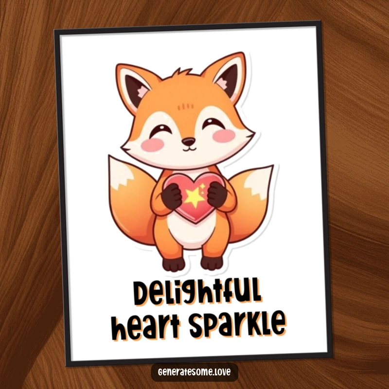 Funny fox digital art print gifting a sparkly heart, perfect for instant download and whimsical decor.