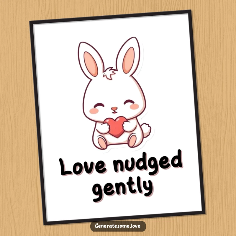 Funny digital art print of a darling bunny character nudging a tiny heart forward, symbolizing sweet love.