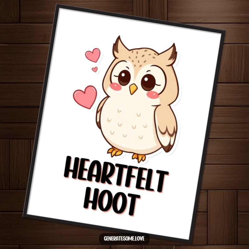 Funny digital art illustration of a curious owl character hooting softly, a heart hovering nearby, symbolizing gentle wisdom.