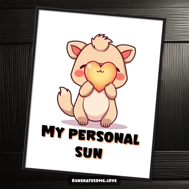 Funny digital art print of a hopeful animal character holding a radiant, glowing heart aloft, offering instant visual inspiration and warmth.