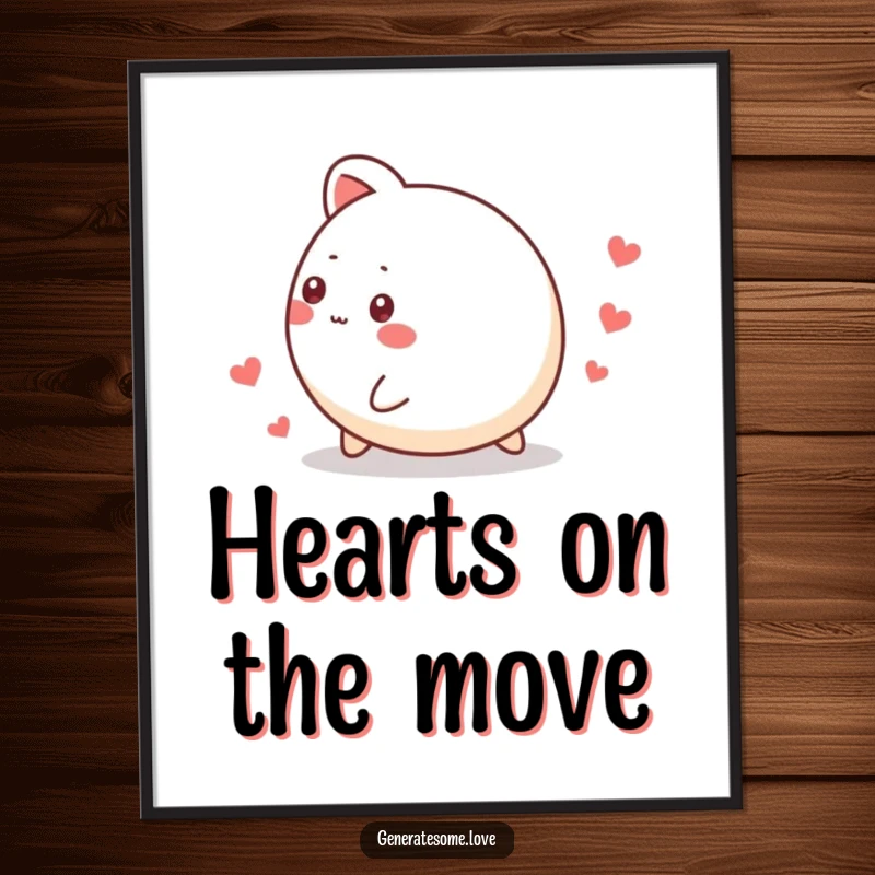 Funny digital art print of a small, round animal character rolling joyfully, creating a trail of tiny hearts, offering instant whimsical decor.