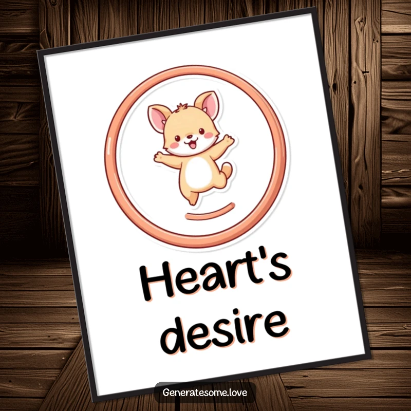 Funny tiny animal character leaping through a heart hoop, as a digital art print, embodying happiness and playful spirit.