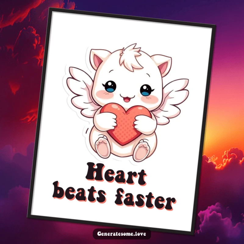 Funny Digital Art Print of a creature with soft wings fluttering around a heart, symbolizing gentle love, protection, and enchantment.