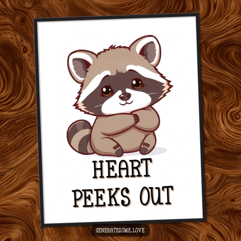 Funny curious raccoon peeking with intrigue from behind a heart, captured in a high-resolution digital art print.