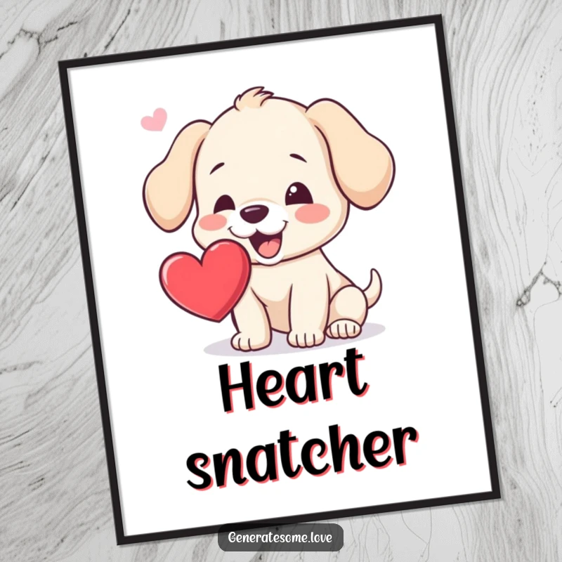Funny digital art print of a cheerful puppy with its mouth open, trying to catch a floating heart, perfect for instant whimsical decor.