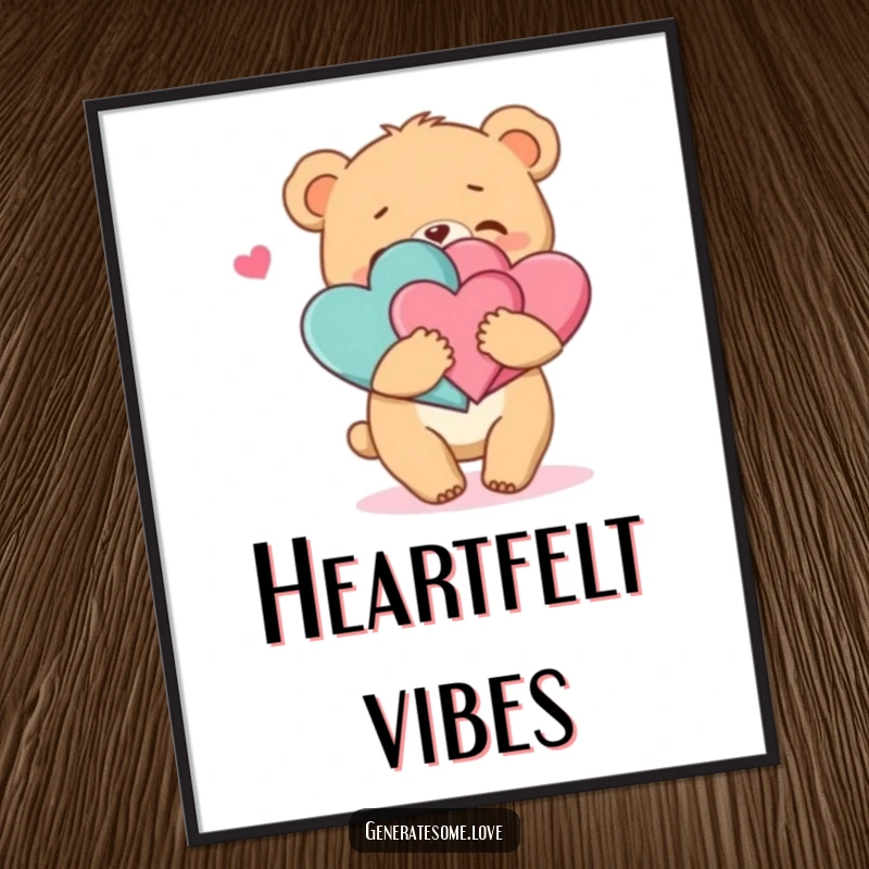 Funny digital art of a bear cub character enthusiastically hugging two intertwined hearts, radiating love and happiness.