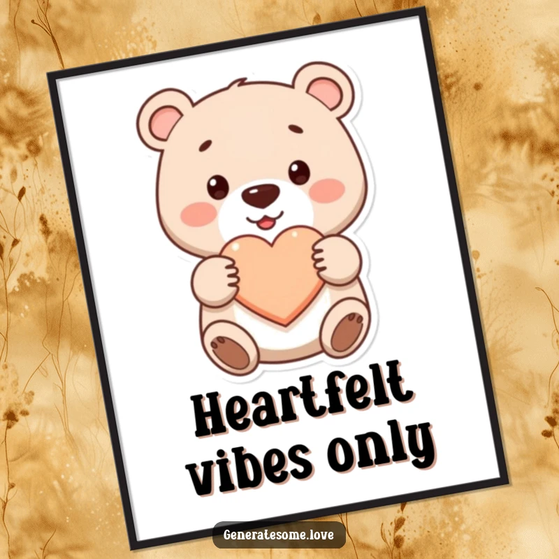 Funny cute bear digital art print smiling and offering a heart, perfect for instant download and decoration.
