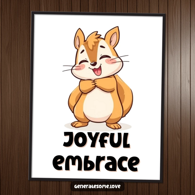 Funny energetic squirrel character giving a big, joyful hug, captured in a high-resolution digital art print.