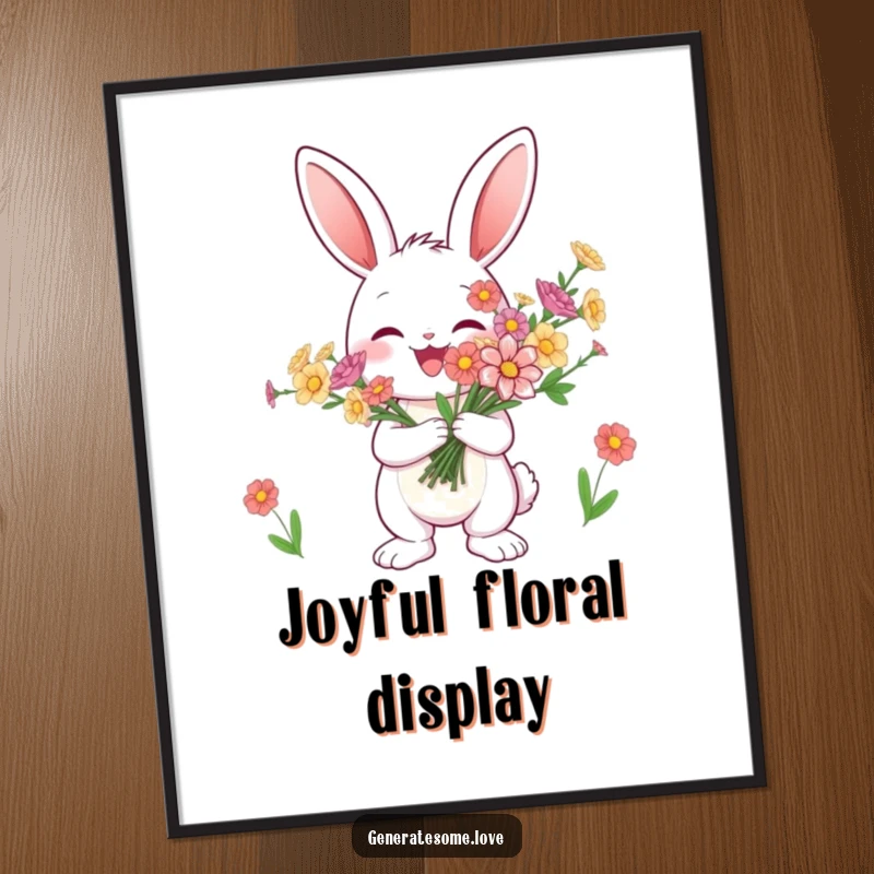 Funny bunny digital art print joyfully presenting flowers, perfect for instant download and cheerful decor.