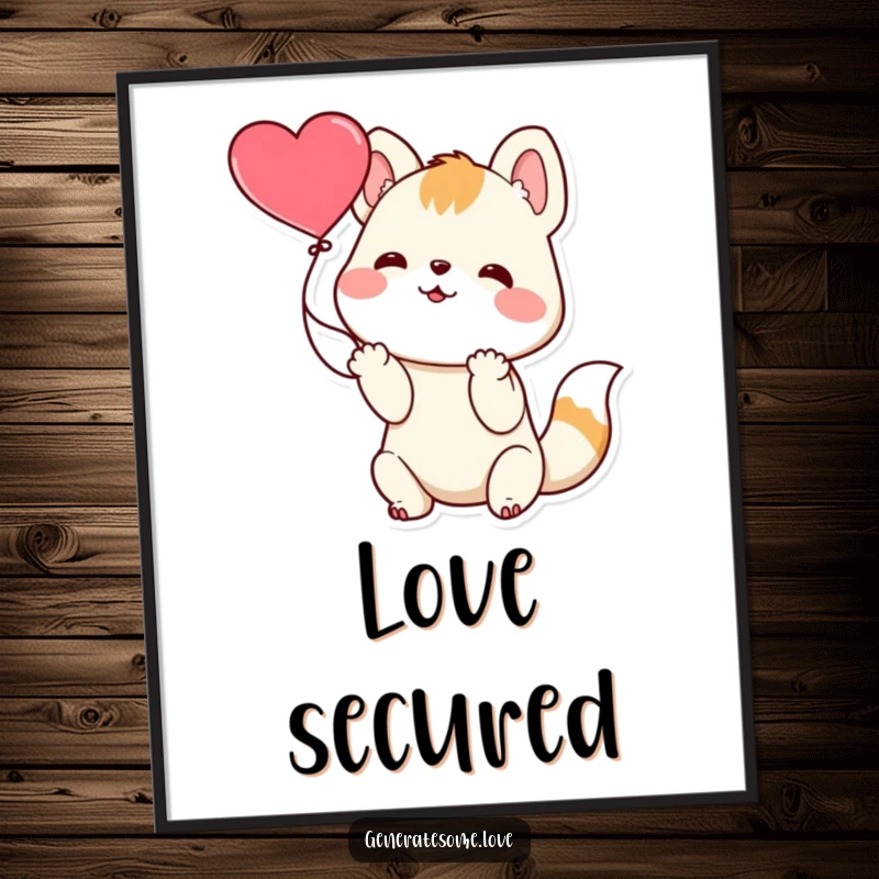Funny playful animal character catching a floating heart with paws, as a digital art print, embodying playfulness and affection.