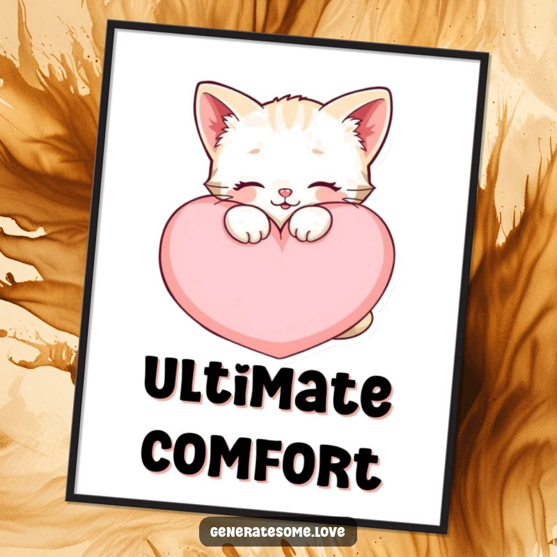 Funny happy kitten digital art print, snuggling a large soft heart cushion, cute and cozy artwork.