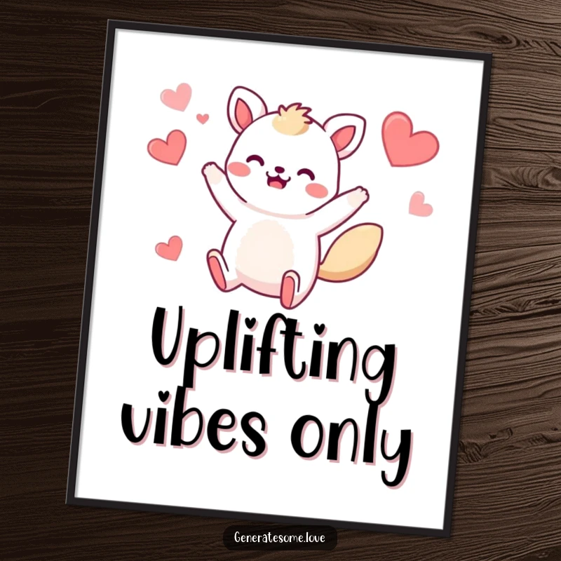 Funny digital art print of a whimsical animal character mid-jump, surrounded by hearts, offering instant visual humor and joyful vibes.