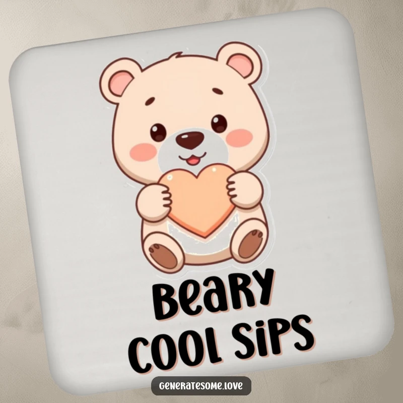 Funny cute bear coasters smiling and offering a heart, perfect for protecting surfaces, a cute gift.
