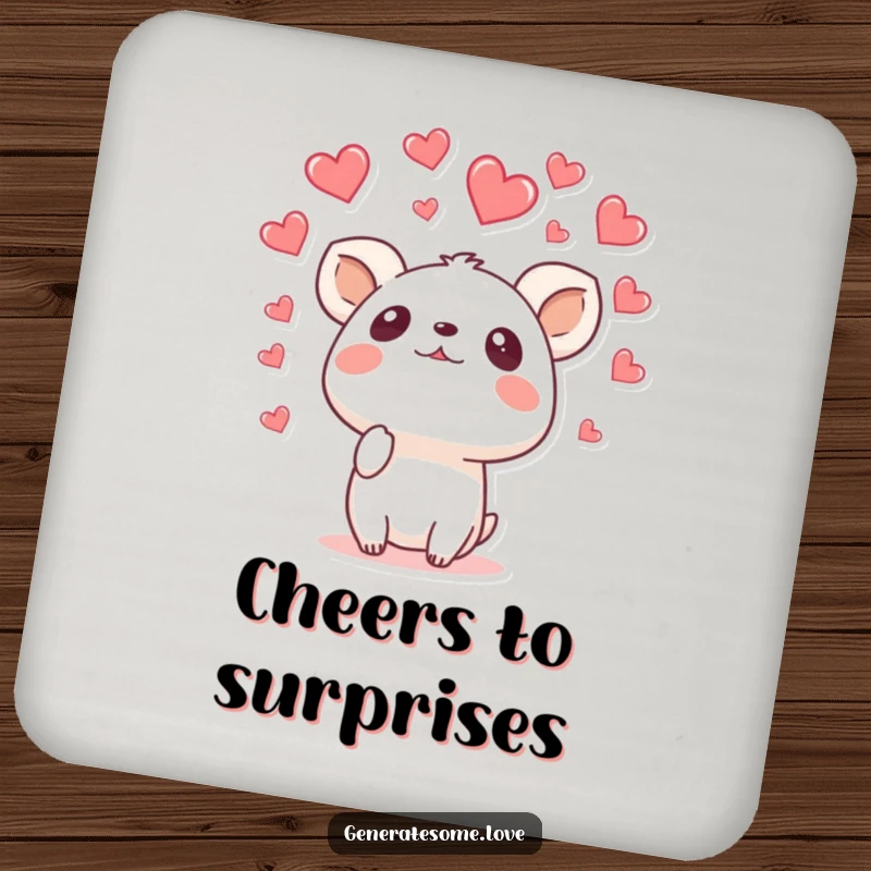 Funny drink coaster featuring a surprised animal character looking up as hearts rain down, adding a touch of humorous surprise to tables.