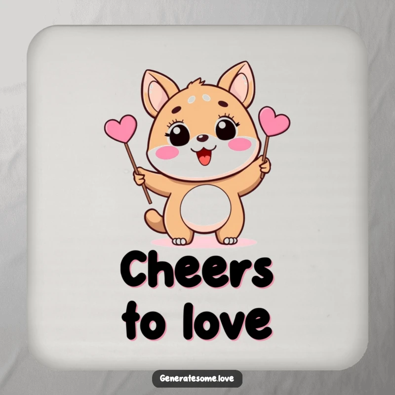 Funny drink coaster featuring a delighted animal character waving a tiny pink heart flag, protecting surfaces with love and charm.