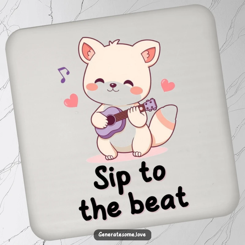 Funny drink coaster featuring a charming animal musician character playing music, surrounded by heart-shaped notes, adding melodic humor to tables.