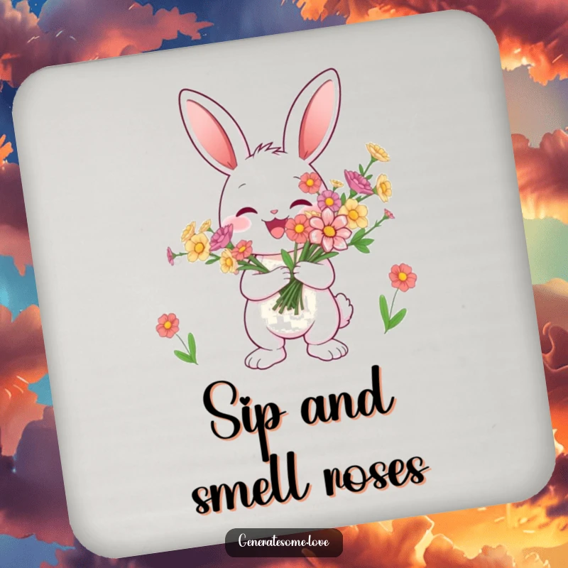Funny bunny coasters joyfully presenting flowers, perfect for protecting surfaces, a cute and cheerful gift.