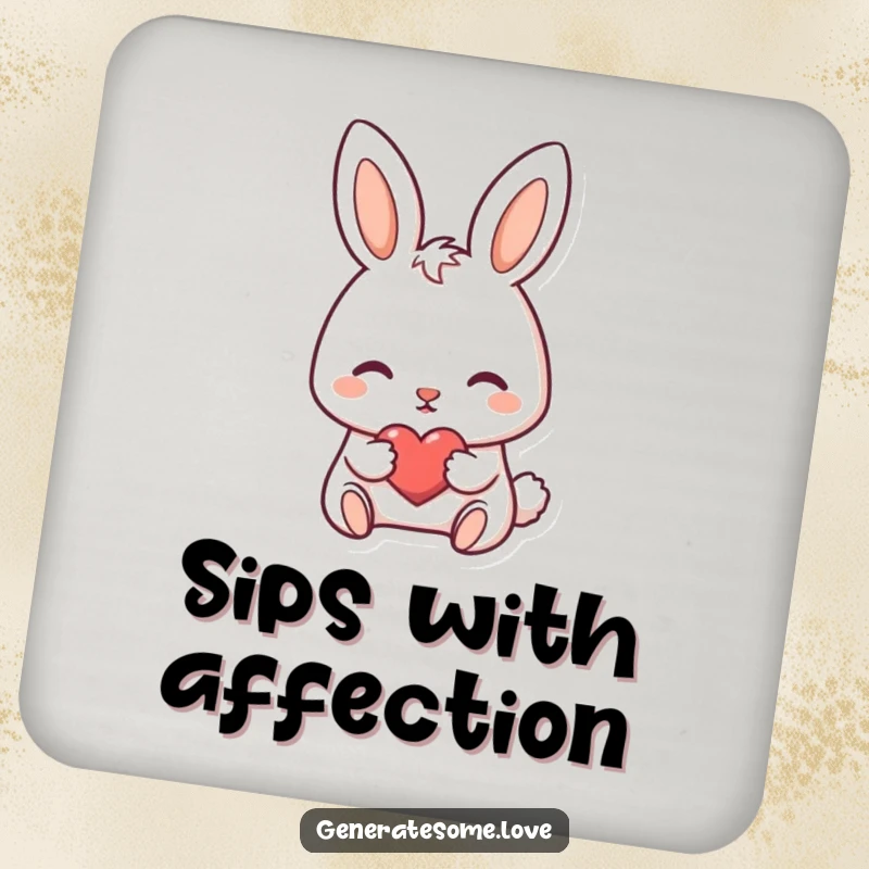 Funny drink coaster with a darling bunny character nudging a tiny heart forward, perfect for tables.