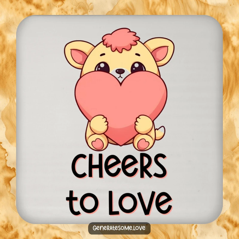 Funny cheerful animal character with wide eyes looking at a large heart on a drink coaster, adding sweet affection to tabletops.