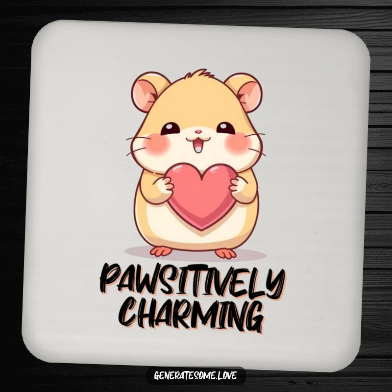 Funny drink coasters with a giggling hamster character holding a heart with its tiny paws, adding sweet charm.