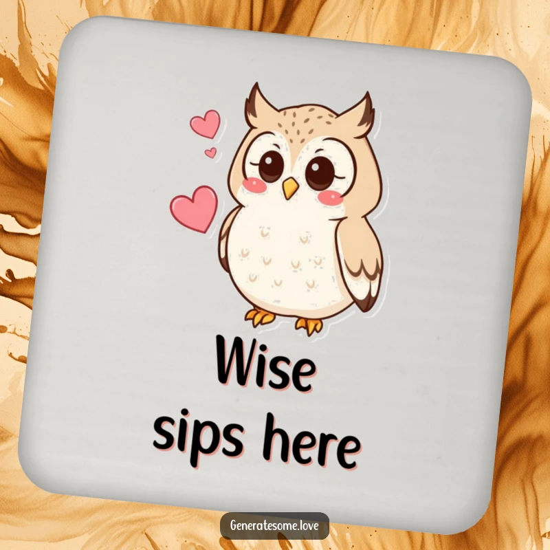 Funny drink coasters with a curious owl character hooting softly, a heart hovering nearby, adding whimsical wisdom.