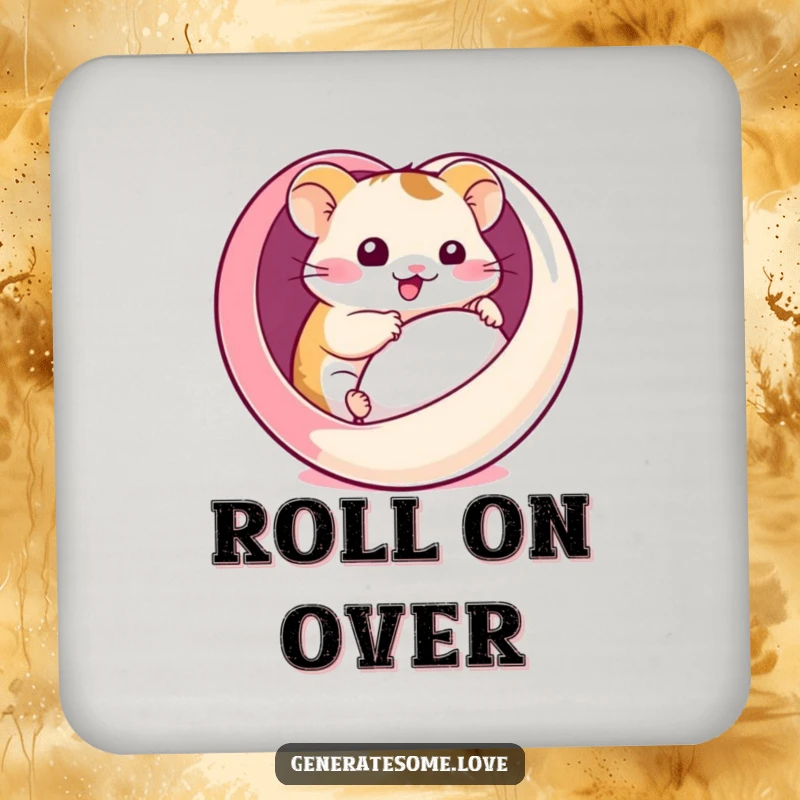 Funny drink coasters with a kawaii hamster comically rolling inside a heart-shaped ball, adding a touch of cute comedy to any surface.