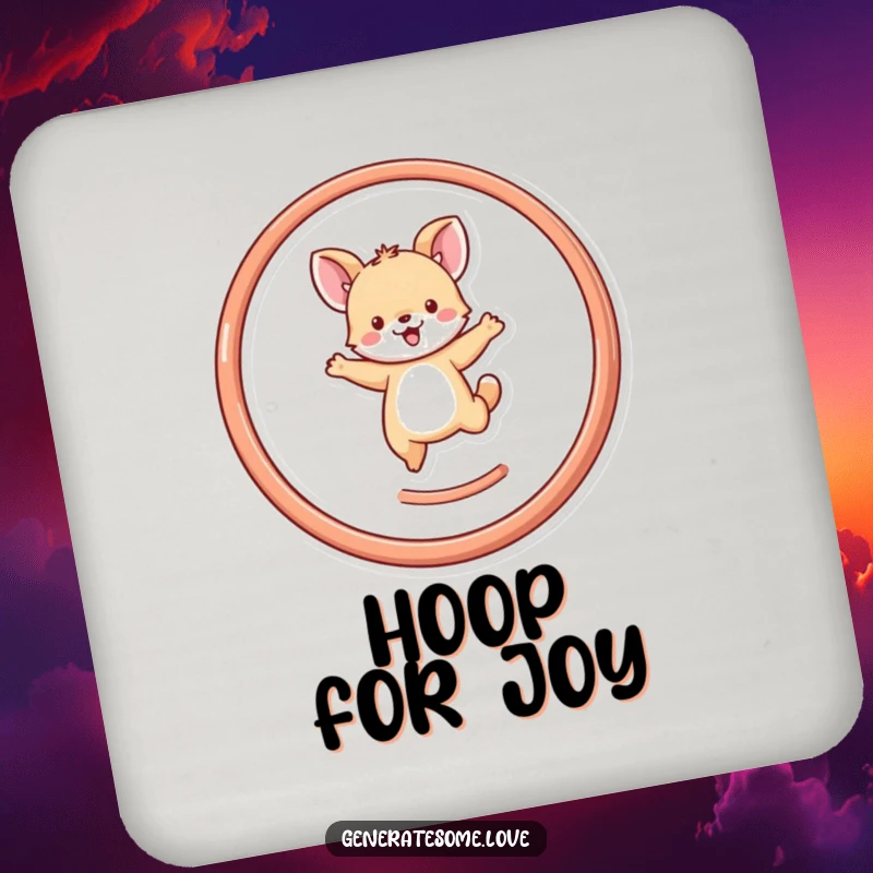 Funny tiny animal character leaping through a heart hoop on a drink coaster, adding joyful flair to any table setting.