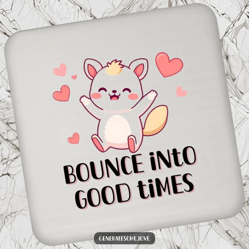 Funny drink coaster with a whimsical animal character performing a bouncy jump, surrounded by hearts, adding humor to any table setting.