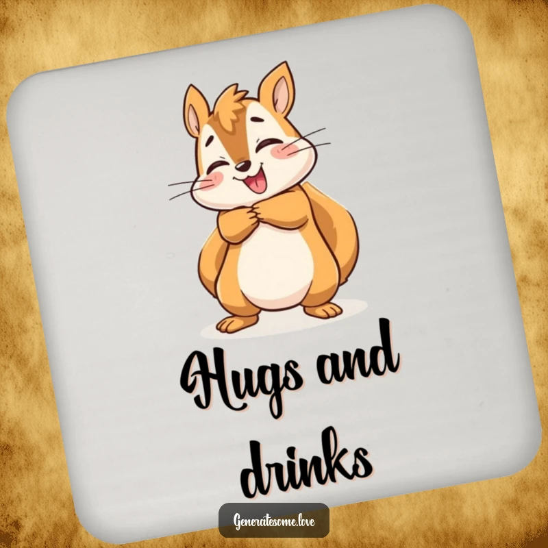 Funny energetic squirrel character giving a joyful hug on this humorous coaster, protecting your surfaces.