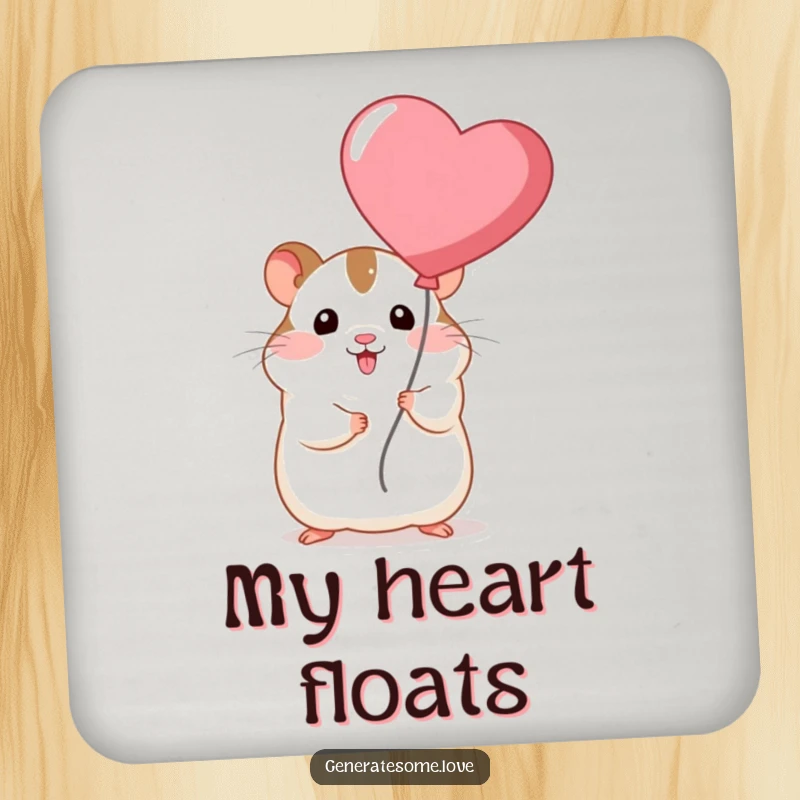 Funny chubby hamster character holding a heart balloon, adding a touch of charm to this protective drink coaster.