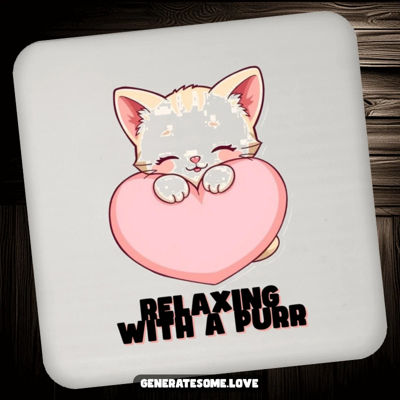 Funny happy kitten drink coaster, snuggling a large soft heart cushion, protecting surfaces with cute design.