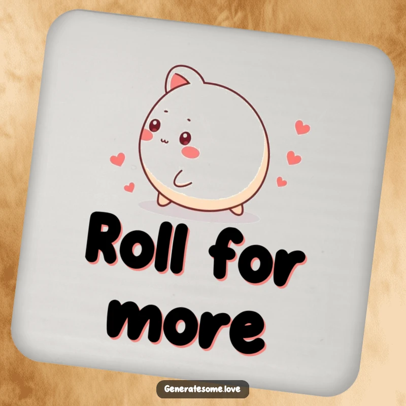 Funny drink coaster with a small, round animal character rolling and leaving a heart trail, perfect for surface protection and cute decor.