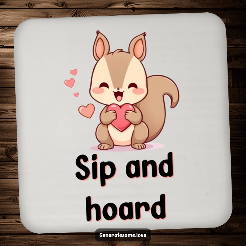 Funny drink coasters with a kawaii squirrel happily chattering while holding a heart-shaped treat, adding a touch of cute happiness to any surface.