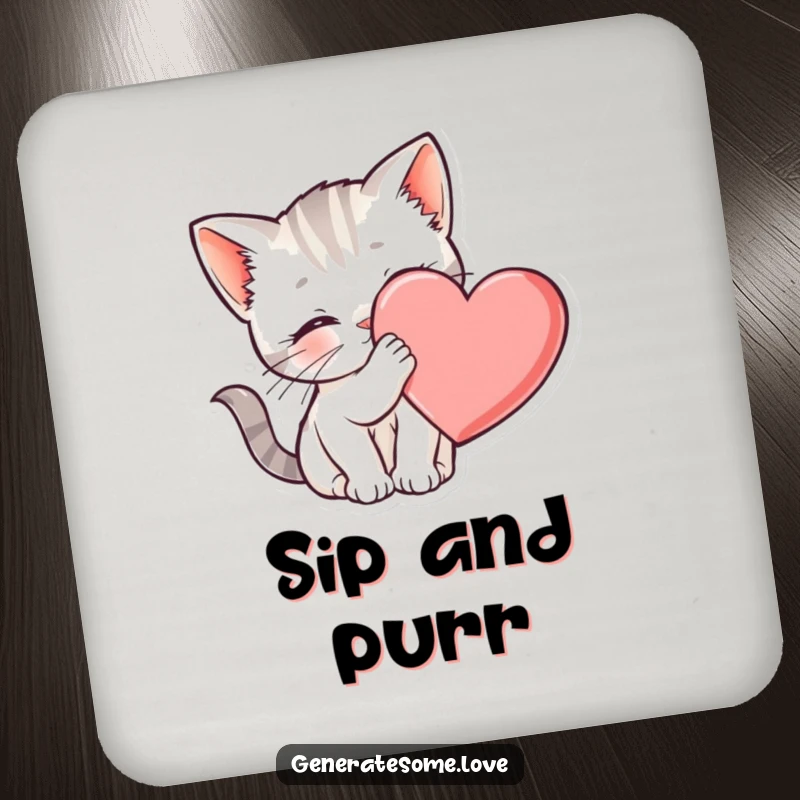 Funny kitten coasters nuzzling a heart, perfect for protecting surfaces, a cute and charming gift.