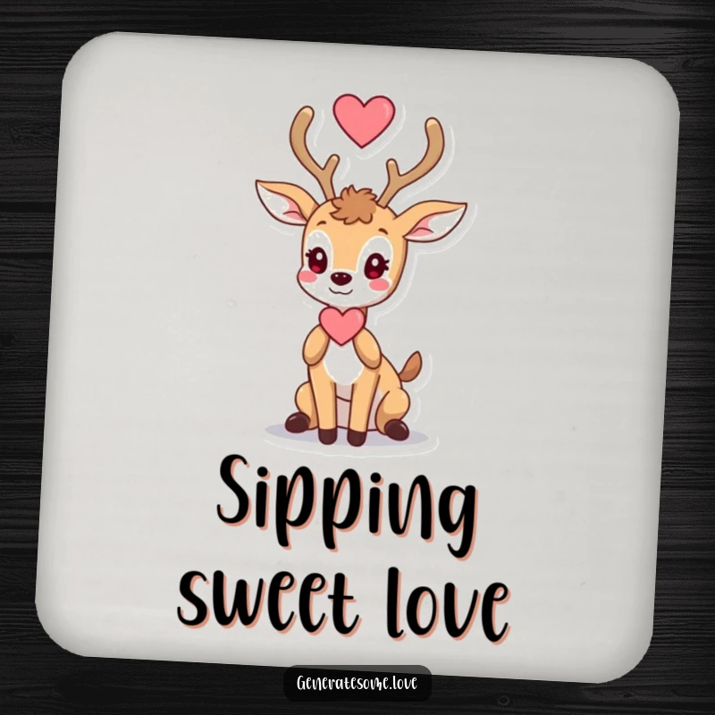 Funny drink coasters with a graceful deer character offering a heart with its antlers, adding romantic charm.