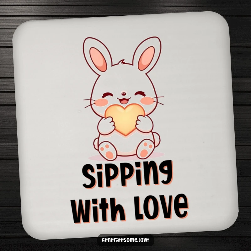 Funny joyful bunny drink coaster, holding a glowing heart symbol, protecting surfaces with cute design.
