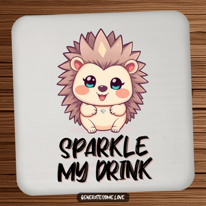 Funny happy hedgehog character offering a sparkling gem on this humorous coaster, protecting your surfaces.